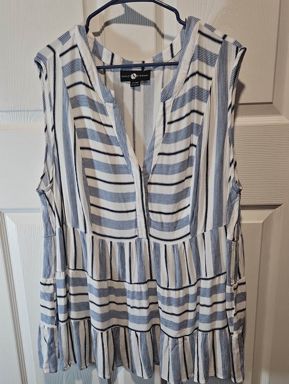 Ashley Stewart White and Blue Striped Tiered Sleeveless Tunic